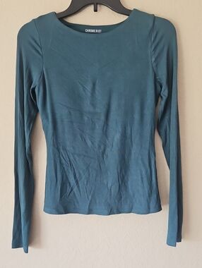 Women's Teal Long-Sleeve Ribbed Top Medium Built In‎ Bra